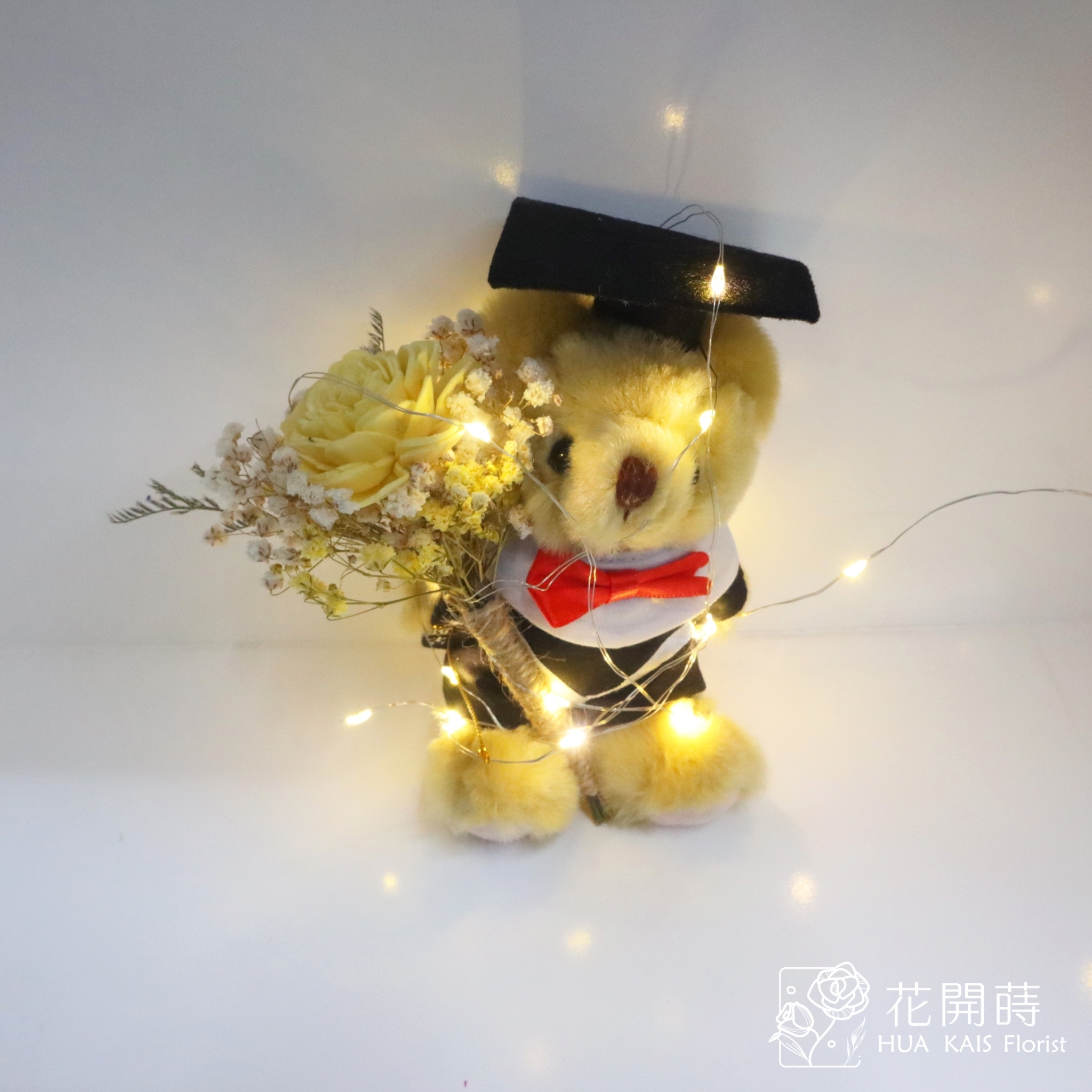 燈光提袋學士小熊-黃玫瑰索拉小花束|小熊花禮|畢業禮物|學士熊|畢業季