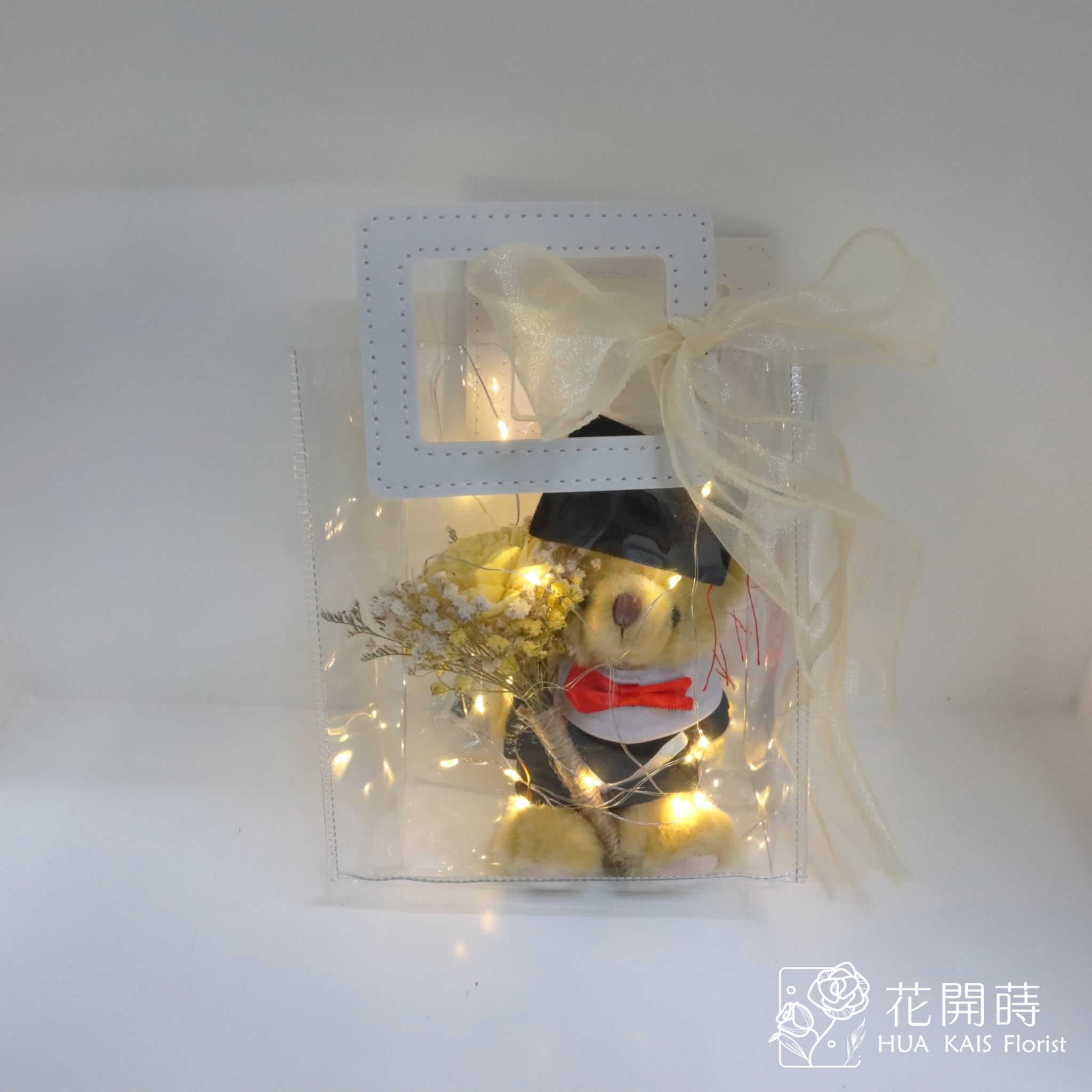 燈光提袋學士小熊-黃玫瑰索拉小花束|小熊花禮|畢業禮物|學士熊|畢業季
