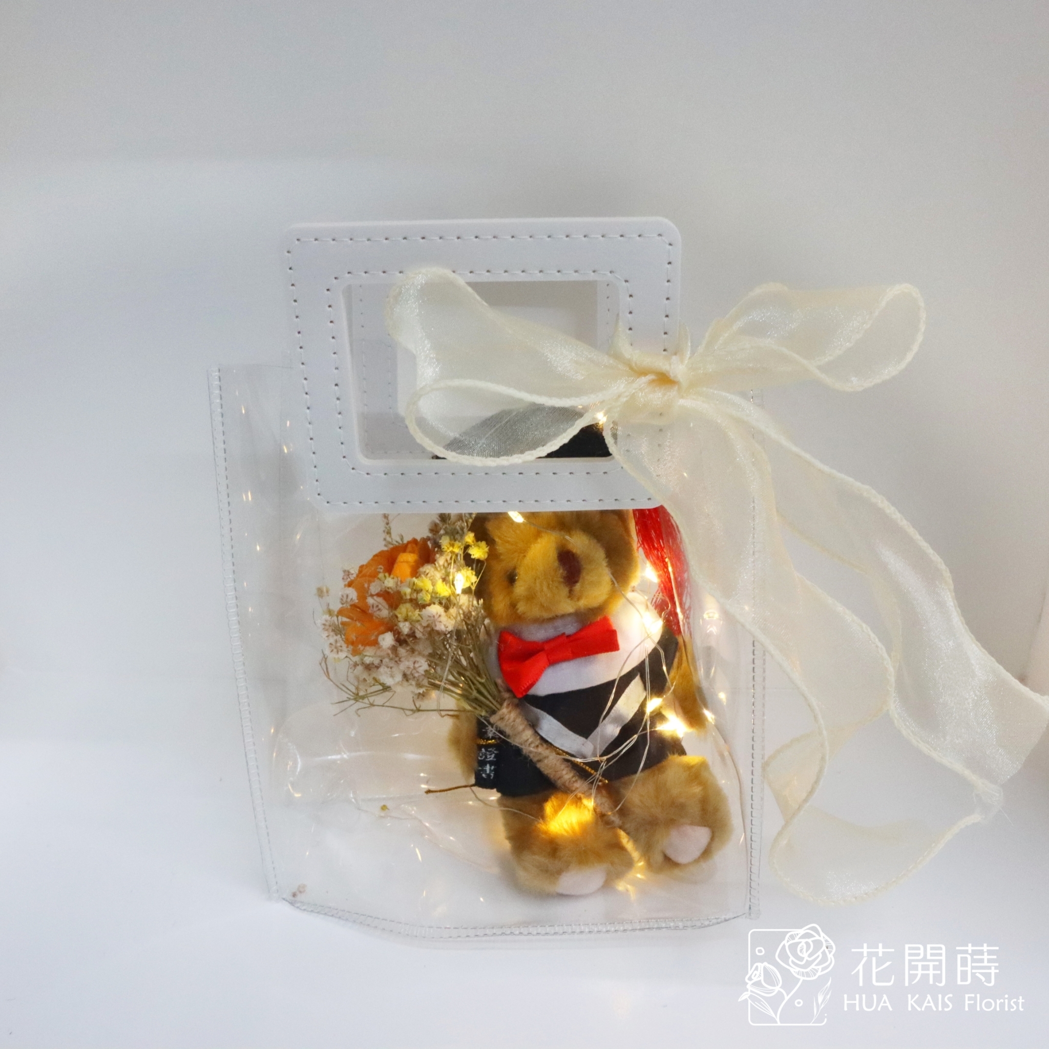 燈光提袋學士小熊-橘玫瑰索拉小花束|小熊花禮|畢業禮物|學士熊|畢業季