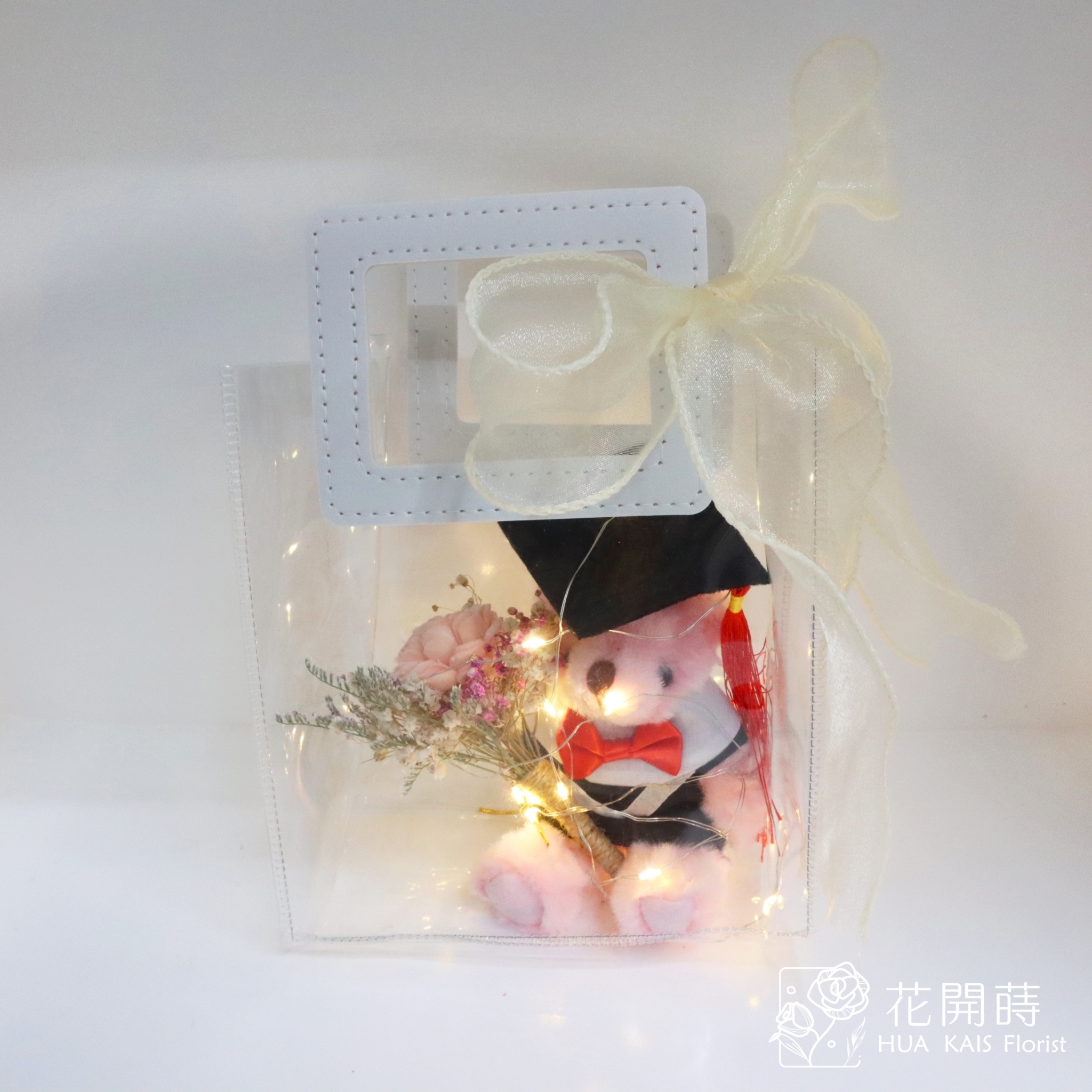 燈光提袋學士小熊-粉玫瑰索拉小花束|小熊花禮|畢業禮物|學士熊|畢業季