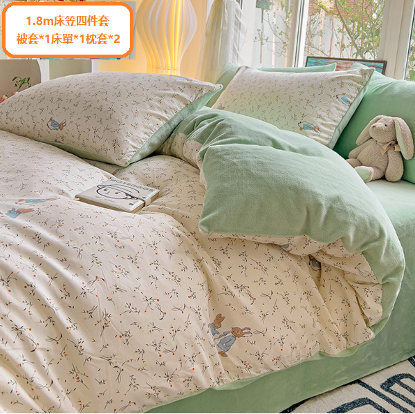 New bedding four-piece set (Mr. Rabbit [100% pure cotton + high-density milk velvet]) (size 1.8m four-piece fitted sheet set)