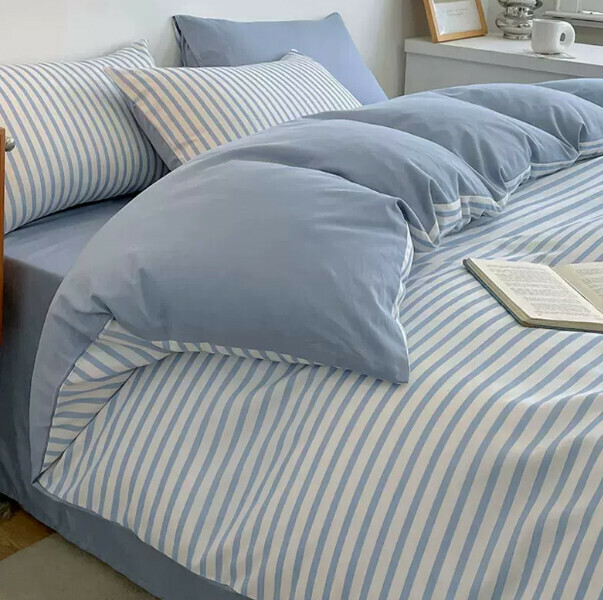 Hot selling pure cotton washed cotton quilt cover (blue strip [100% combed cotton suitable for sleeping naked] 1.8 meter bed sheet style four-piece set [quilt cover 200*230cm sheet 245*250cm])