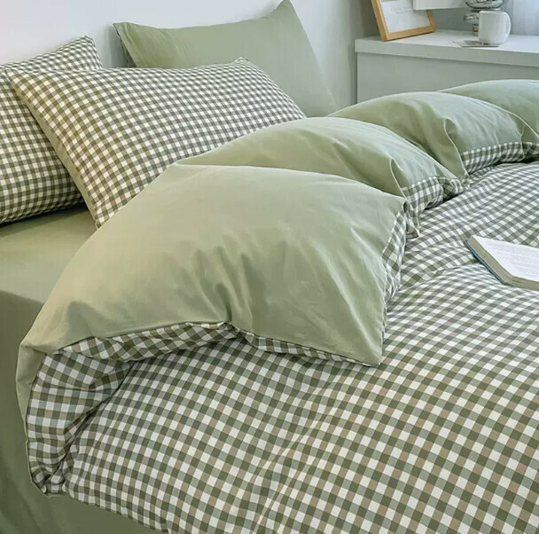 Hot selling pure cotton washed cotton quilt cover (small green grid [100% combed cotton suitable for sleeping naked] 1.5 meter fitted sheet set of four [quilt cover 200*230cm, fitted sheet 150*200cm])