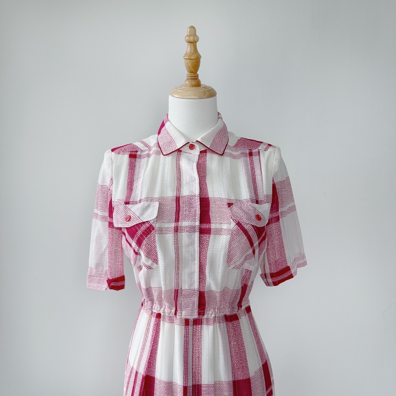 莓紅色格紋文青感短袖連身裙