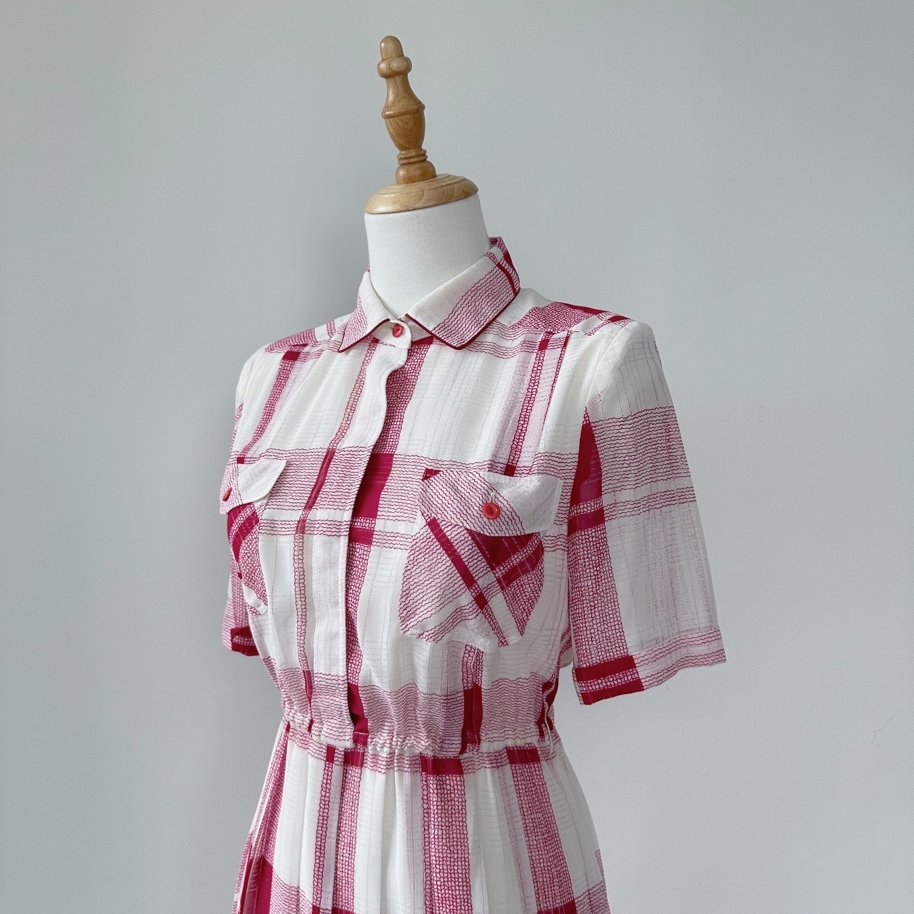 莓紅色格紋文青感短袖連身裙