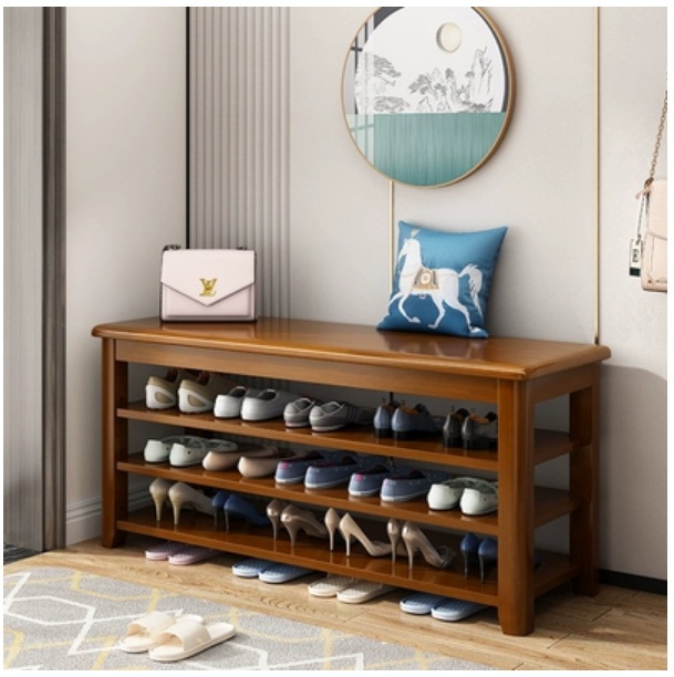 Hotly recommended Nordic solid wood furniture, shoe changing stool, shoe rack, bedside table, sofa side cabinet (3 layers 100cm) walnut color