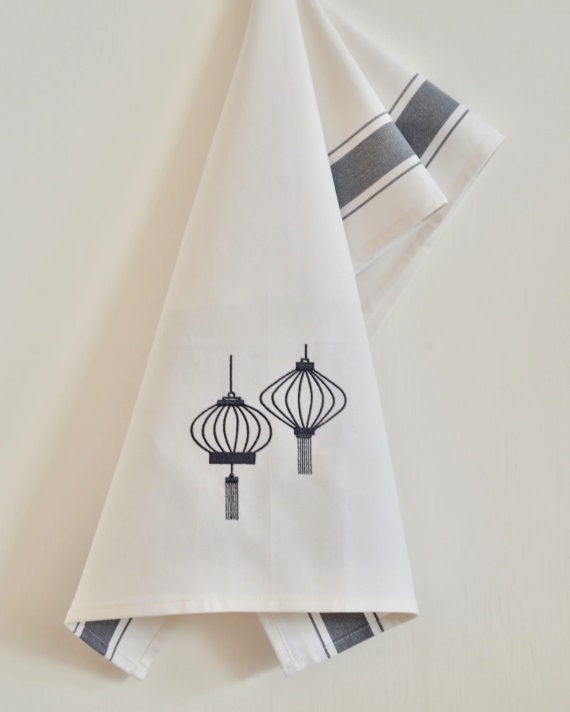 ZEST OF ASIA icon hong kong tea towel - grey lanterns