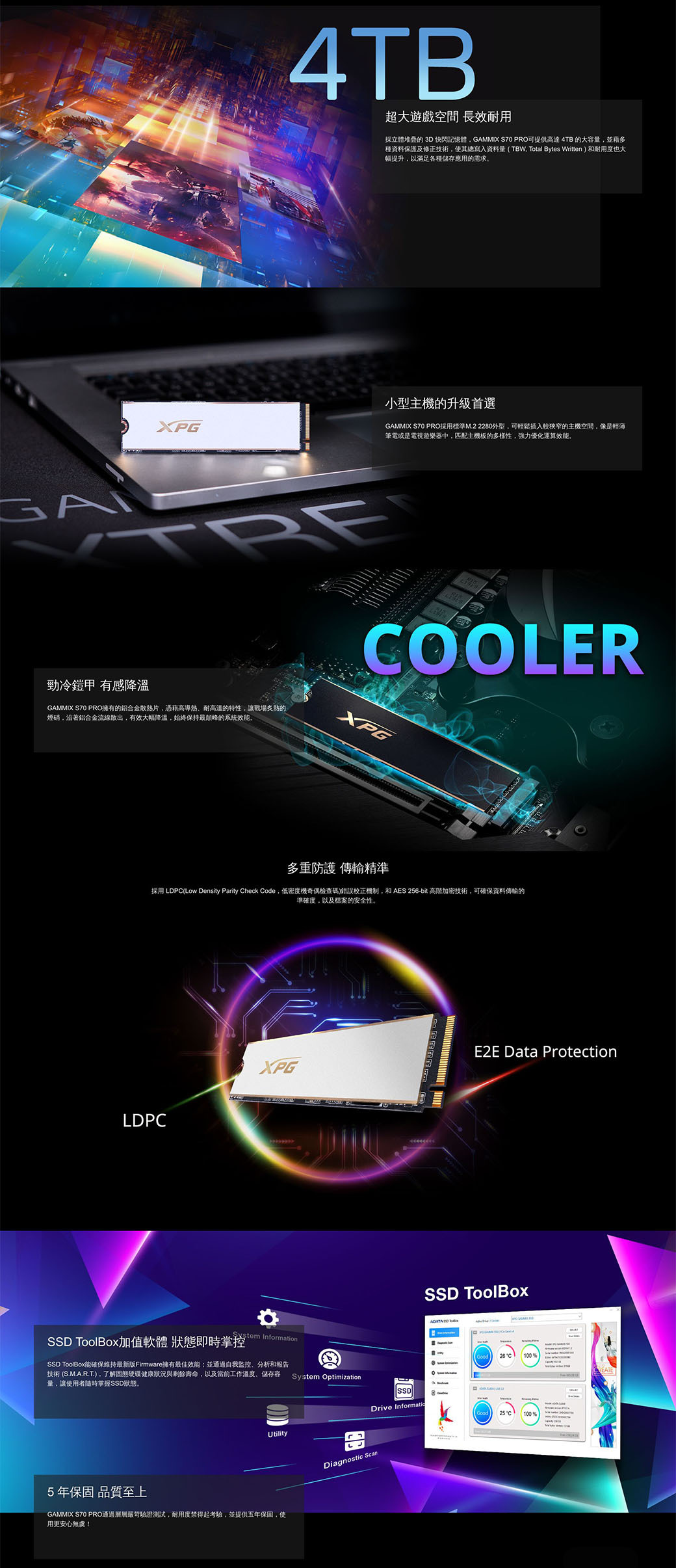 XPG4TB超大遊戲空間 長效耐用立體堆疊 3D 快閃記憶體MMIX S70 PRO可提供高達4TB 的大容量並藉多種資料保護及修正技術使其總寫入資料量(TBW Total Bytes Written)和耐用度也大幅提升以滿足各種應用的需求小型主的升級首選GAMMIX S70 PRO採用標準M2 2280外型可輕鬆插入狹窄的主機空間,像是輕薄筆電或是電視遊樂器中,匹配主機板的多樣性,强力優化運算效能GATRE.勁冷鎧甲 有感GAMMIX S70 PRO擁有的片,憑藉高、耐高溫的特性,讓戰場炙熱的煙硝,沿著鋁合金流線,有效大幅降溫,始终保持最的系統效能。COOLERXPG多重防護 精準採用 LDPC(Low Density Parity Check Code,低密度機奇偶檢查碼)錯誤校正機制,和 AES 256-bit 高階加密技術,可確保資料傳輸的準確度,以及檔案的安全性。LDPCE2E Data ProtectionXPGSSD ToolBox加值軟體 狀態即時掌控 InformationSSD ToolBox能確保維持最新版Firmware擁有最佳效能並通過自我監控、分析和報告技術 (S.M.A.R.T.),了解固態硬碟健康狀況與剩餘壽命,以及當前工作溫度、储存容量,讓使用者隨時掌握SSD狀態。System OptimizationUtilitySSDDrive Informatic5年保固 品質至上GAMMIX S70 PRO通過層層嚴苛驗證測試,耐用度禁得起考驗,並提供五年保固,使用更安心無虞!Diagnostic ScanSSD ToolBox  Good25100