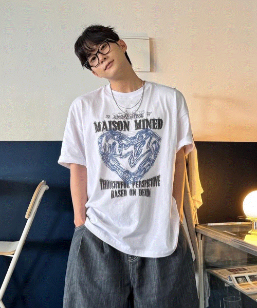 MAISON MINED) DOODLE HEART HALF T WHITE GREYISH BLUE