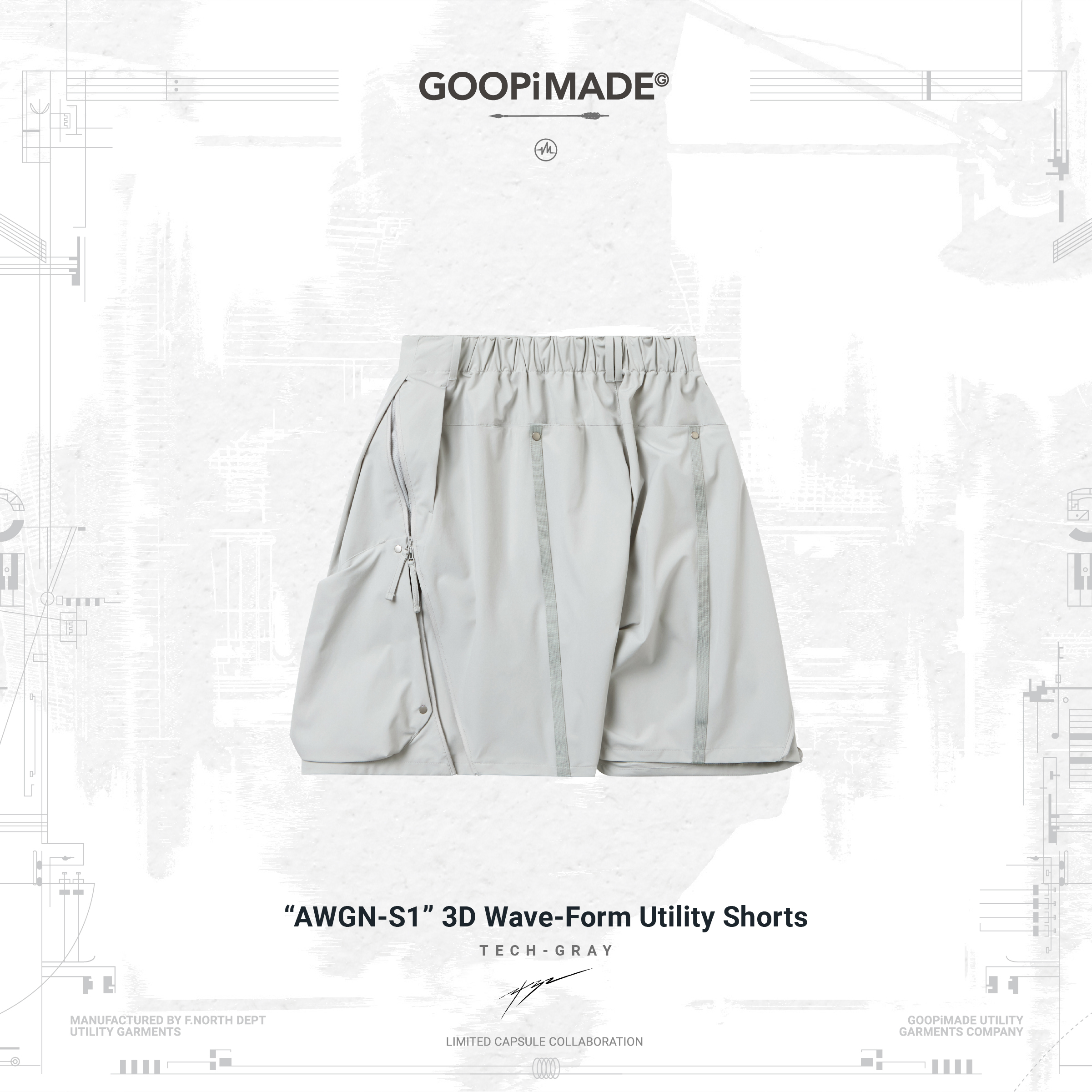 GOOPiMADE “AWGN-S1” 3D Wave-Form Utility Shorts - Tech-Gray