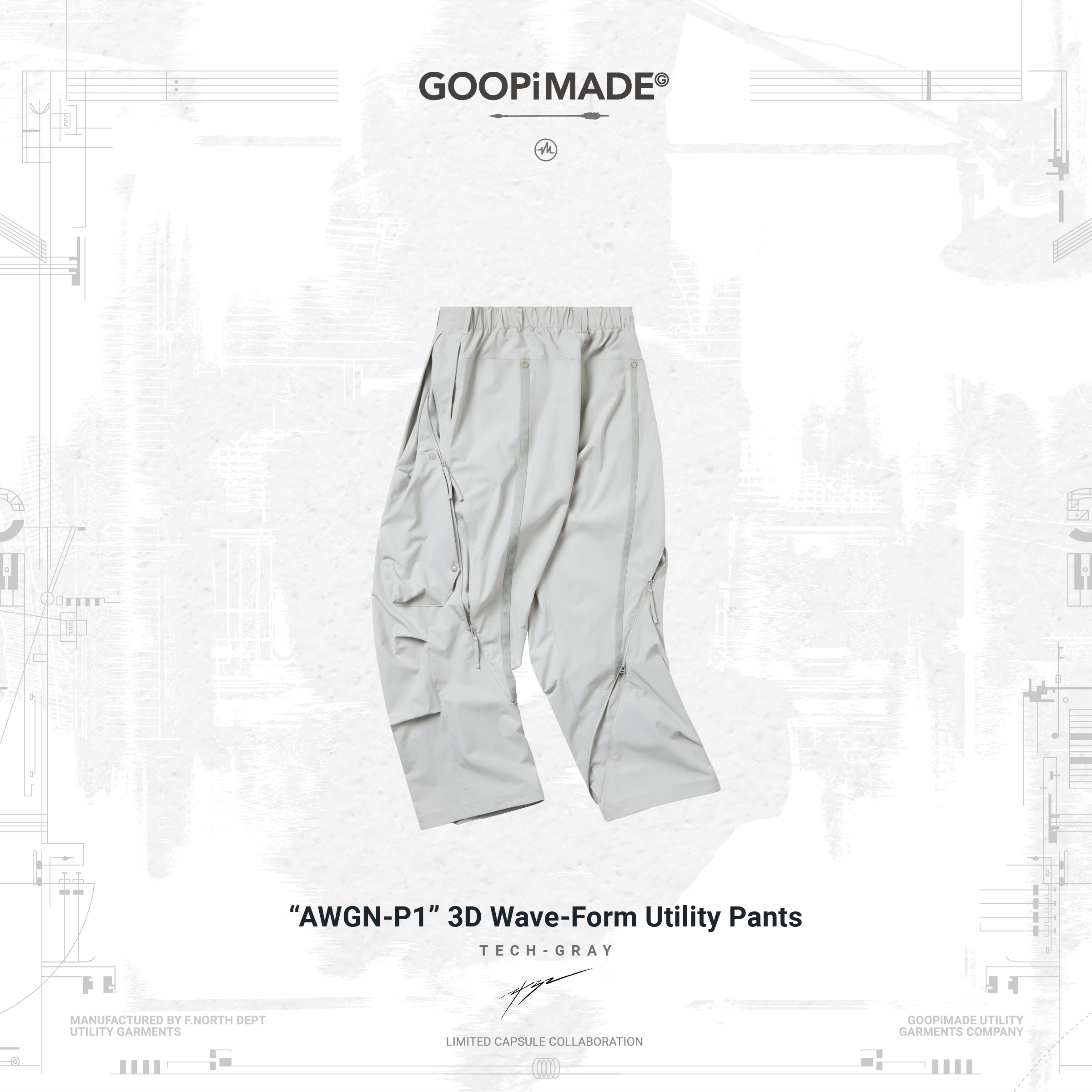 GOOPiMADE “AWGN-P1” 3D Wave-Form Utility Pants - Tech-Gray