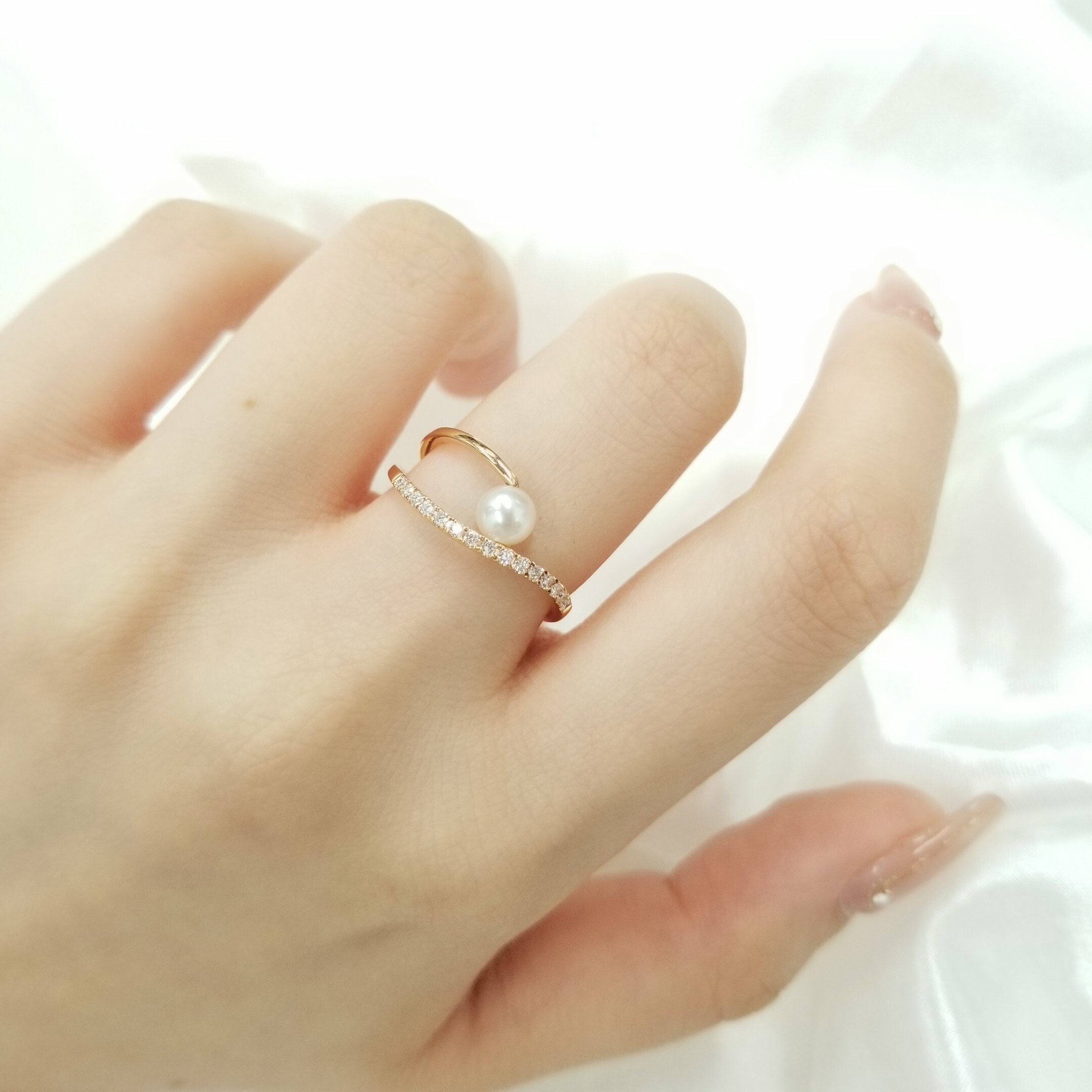 全新18K玫瑰金11份鑽石珍珠戒指