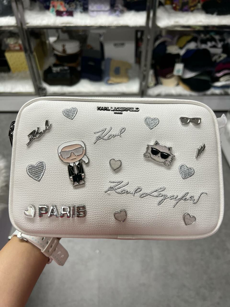 [S] KARL LAGERFELD PARIS WOMEN'S MAYBELLE CROSSBODY HANDBAG,WHITE, 196788770720 (SKL1055)