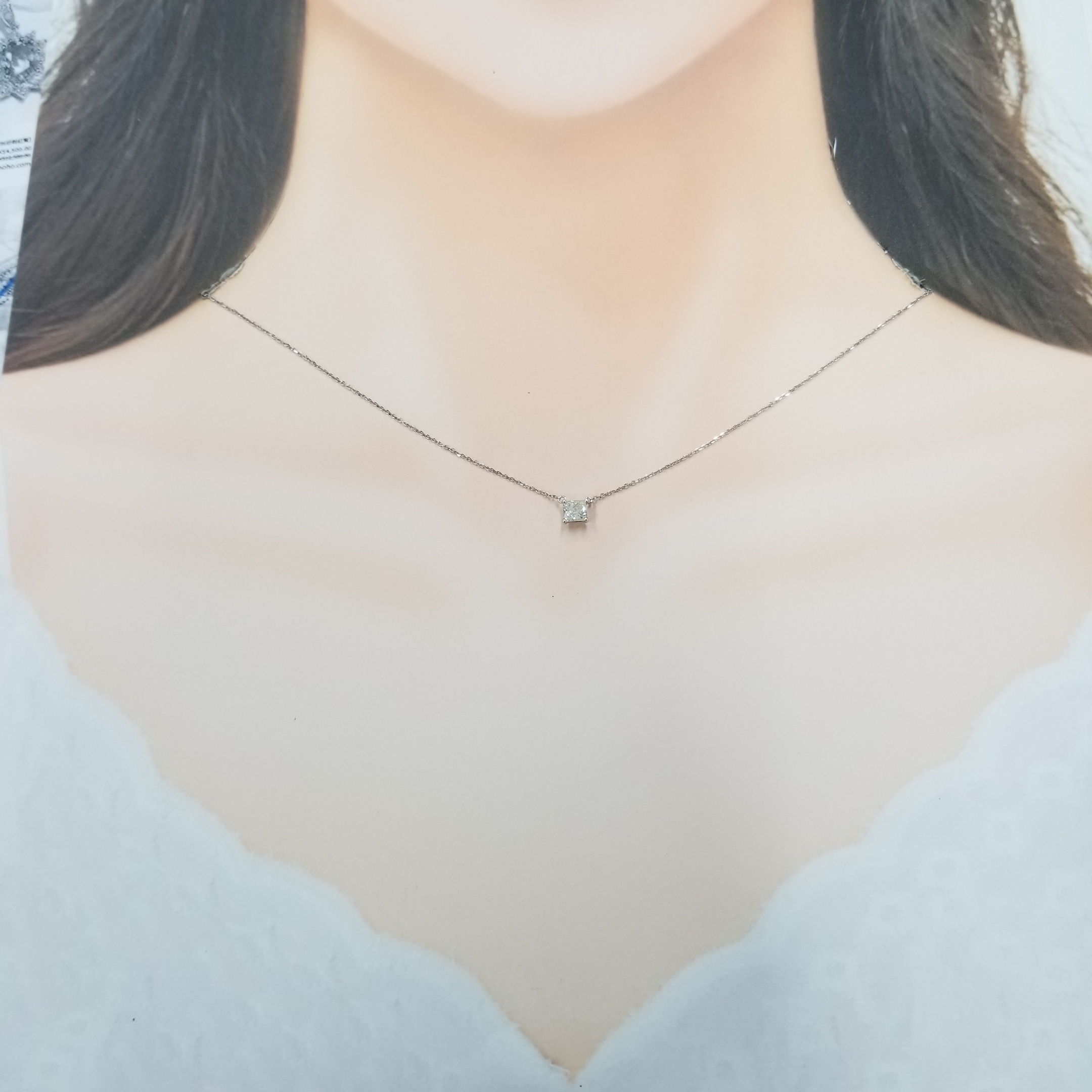 全新18K白金【單粒39份方形鑽石】頸鍊