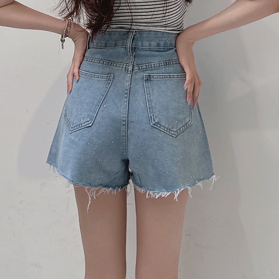 韓國水鑽破損牛仔短褲/單一色