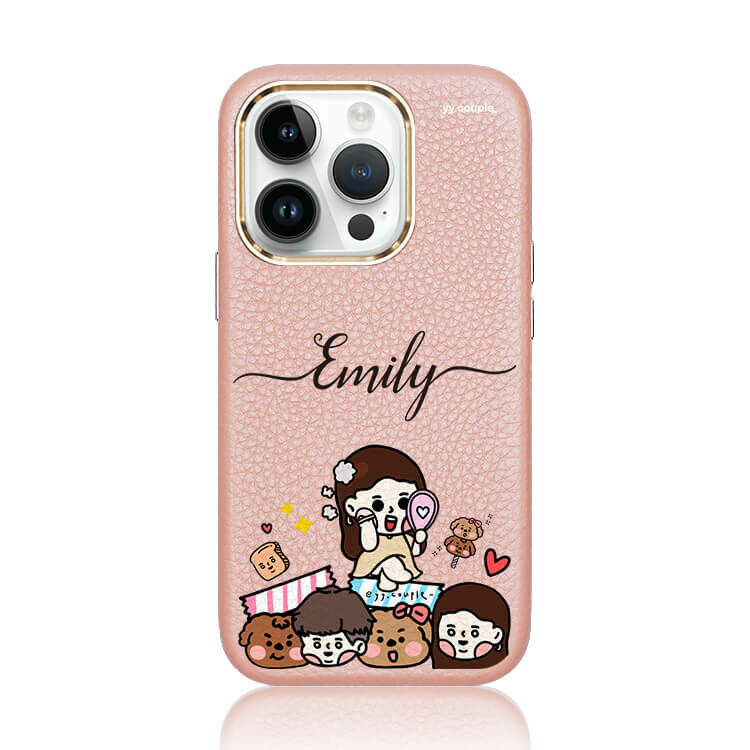 【插畫聯名】挖系小y 開心少女 蜜荔粉皮革殼 - (MagSafe) (訂製名字) iPhone客製化手機殼