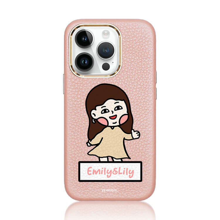 【插畫聯名】挖系小y say嗨 蜜荔粉皮革殼 - (MagSafe) (訂製名字) iPhone客製化手機殼