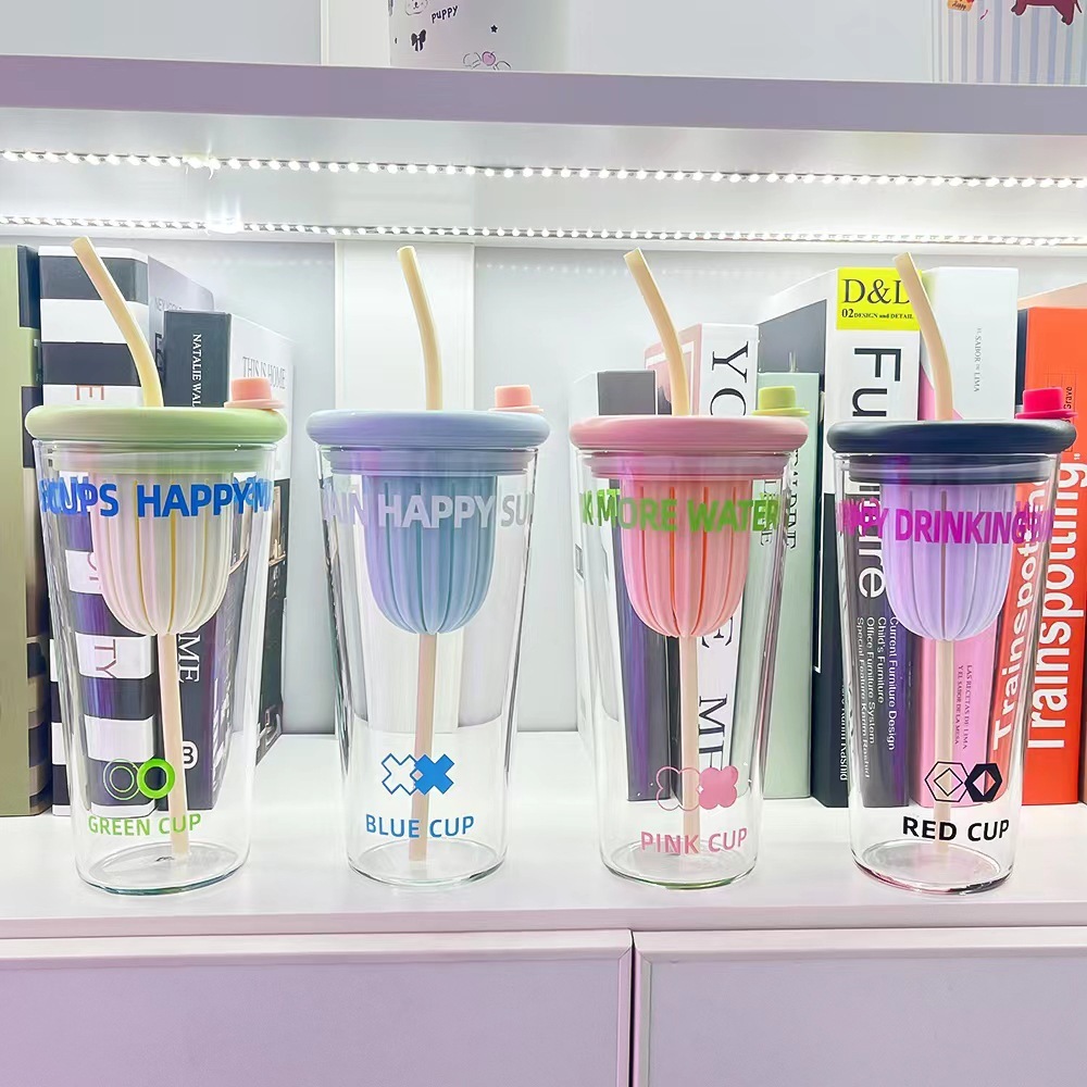 《4233》繽紛可愛英文字母玻璃吸管杯800ML
