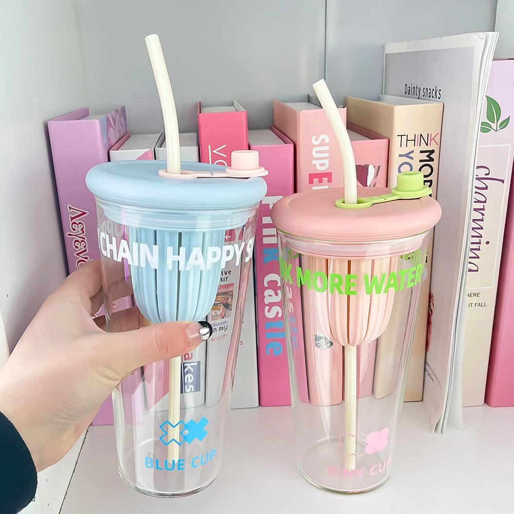 《4233》繽紛可愛英文字母玻璃吸管杯800ML