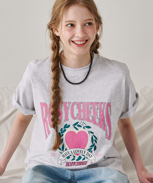 RONRON ROSY CHEEKS HEART LAUREL BASIC FIT T SHIRT WHITE MELANGE