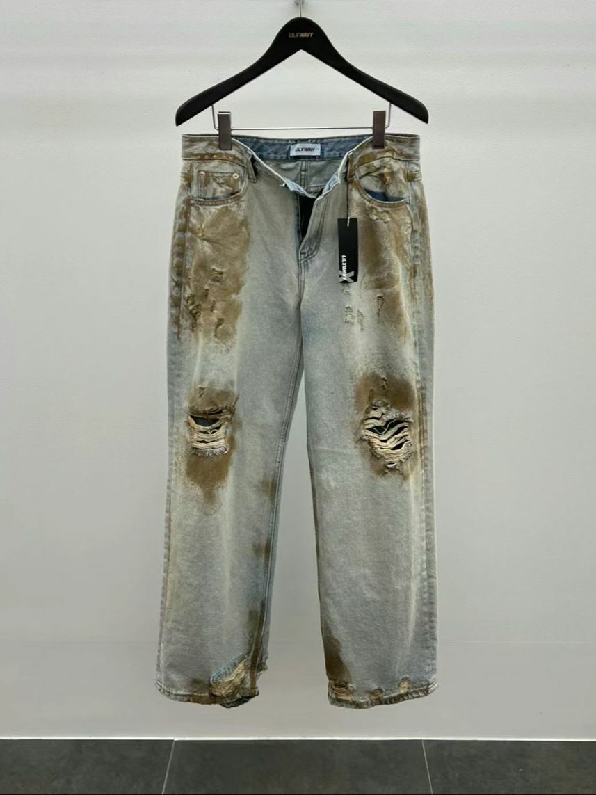 仿污破洞鬆身牛仔褲 IL-028J