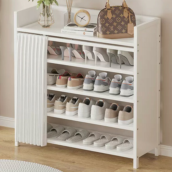 New Bamboo Solid Wood Furniture [No Installation] Shoe Cabinet Bedside Table Utility Cabinet [5 Layers 80cm] White