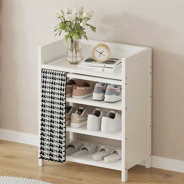 New Bamboo Solid Wood Furniture [No Installation] Shoe Cabinet Bedside Table Utility Cabinet [4 Layers 50cm] Black and White Checkered Color
