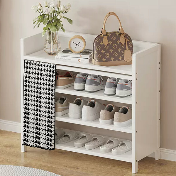 New Bamboo Solid Wood Furniture [No Installation] Shoe Cabinet Bedside Table Utility Cabinet [4 Layers 70cm] Black and White Checkered Color