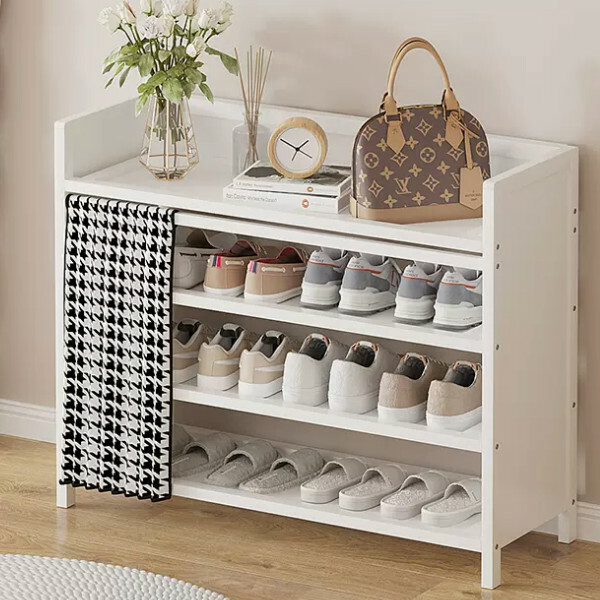 New Bamboo Solid Wood Furniture [No Installation] Shoe Cabinet Bedside Table Utility Cabinet [4 Layers 80cm] Black and White Checkered Color