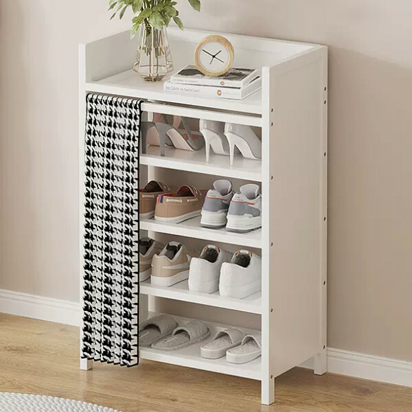 New Bamboo Solid Wood Furniture [No Installation] Shoe Cabinet Bedside Table Utility Cabinet [5 Layers 50cm] Black and White Checkered Color