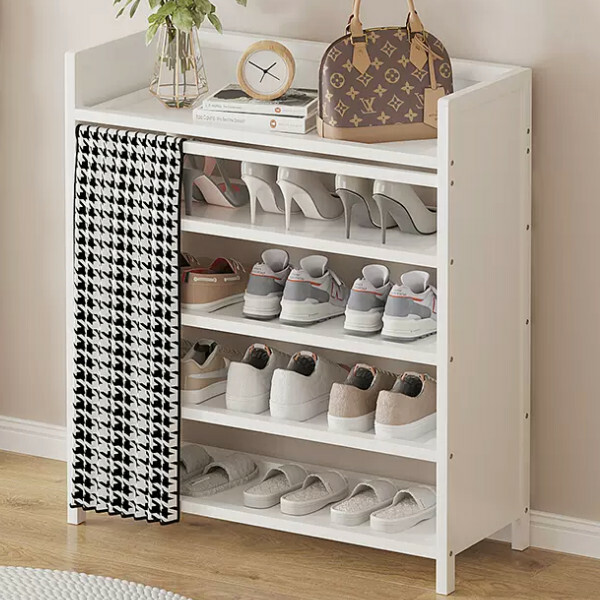New Bamboo Solid Wood Furniture [No Installation] Shoe Cabinet Bedside Table Utility Cabinet [5 Layers 70cm] Black and White Checkered Color