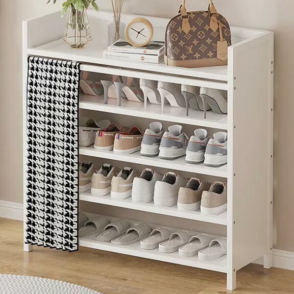 New Bamboo Solid Wood Furniture [Free Installation] Shoe Cabinet Bedside Table Utility Cabinet [5 Layers 80cm] Black and White Checkered Color