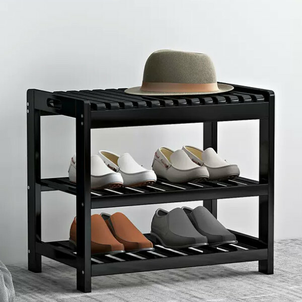 New bamboo solid wood furniture shoe rack shoe changing stool door shoe cabinet [50x28x47cm] [black]