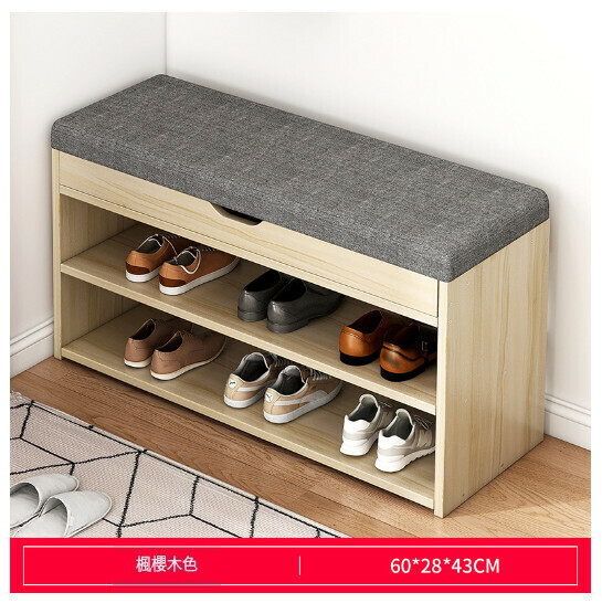 New sit-on shoe rack stool with integrated storage and soft bag shoe stool [HXD001329 Style 3 60/28/43 Maple cherry wood color + gray fabric seat cushion]