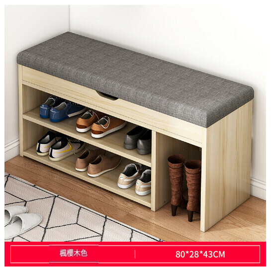 New sit-on shoe rack stool with integrated storage and soft bag shoe stool [HXD001332 Style 5 80/28/43 Maple cherry wood color + gray fabric seat cushion]