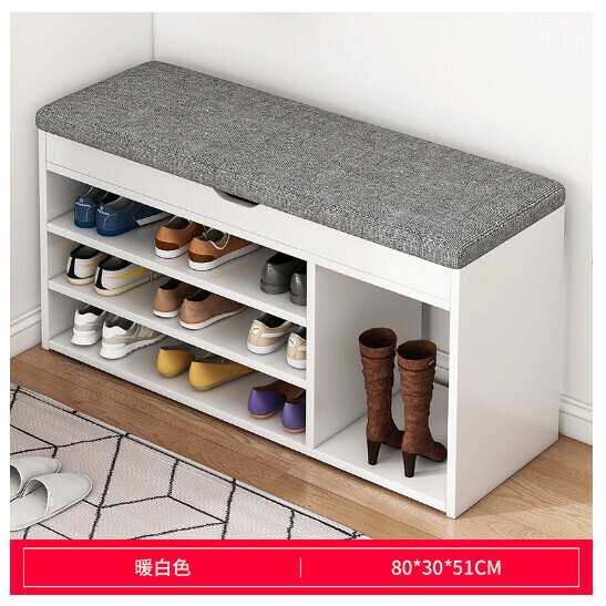 New sit-on shoe rack stool with integrated storage and soft bag shoe stool [HXD001339 Style 7 80/30/51 Warm white + gray fabric cushion]