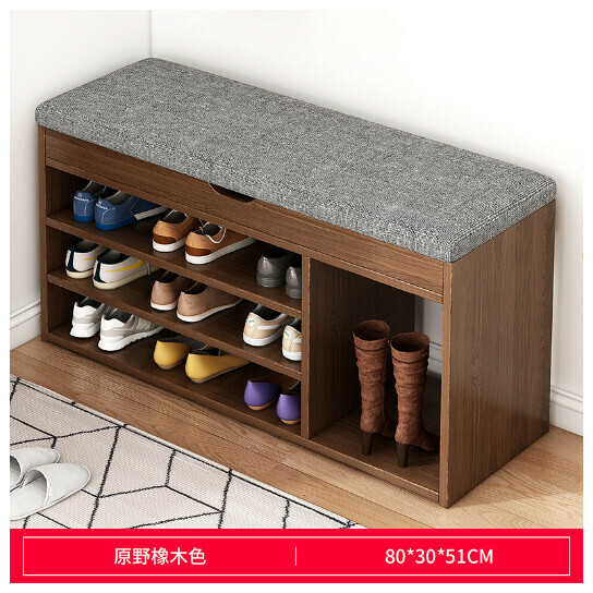 New sit-on shoe rack stool with integrated storage and soft bag shoe stool [HXD001341 Style 7 80/30/51 Wild Oak Color + Gray Fabric Cushion]