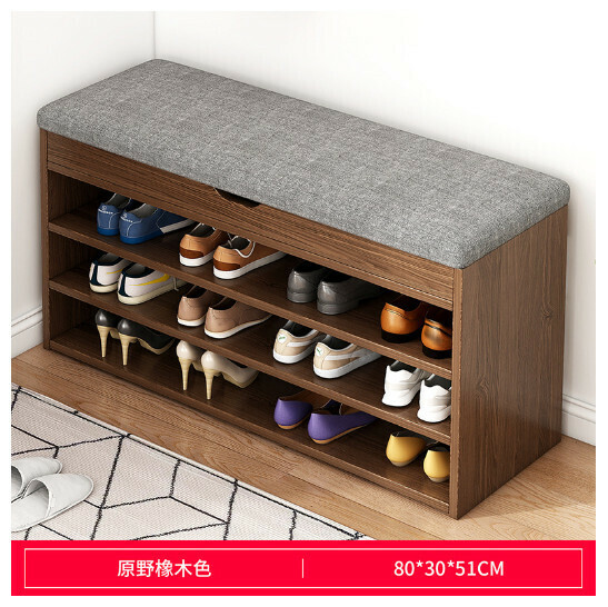 New sit-on shoe rack stool with integrated storage and soft bag shoe stool [HXD001344 Style 8 80/30/51 Wild Oak Color + Gray Fabric Cushion]