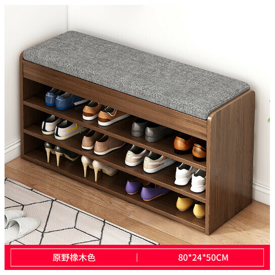 New sit-on shoe rack stool with integrated storage and soft bag shoe stool [HXD001348 Style 10 80/24/50 Wild Oak Color + Gray Fabric Cushion]