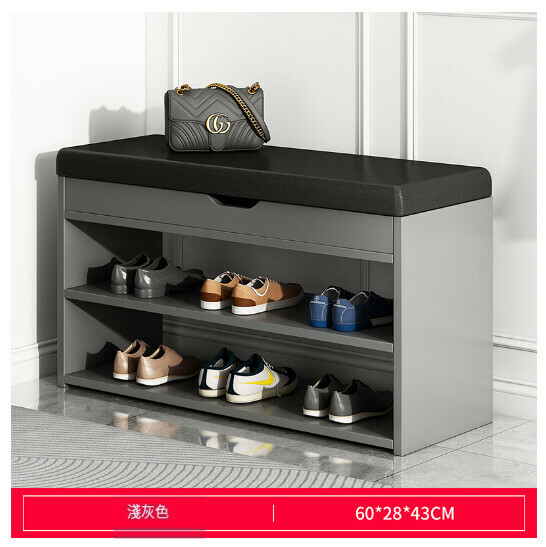 New sit-on shoe rack stool with integrated storage and soft bag shoe stool [HXD001350 Style 3 60/28/43 light gray + black leather cushion]