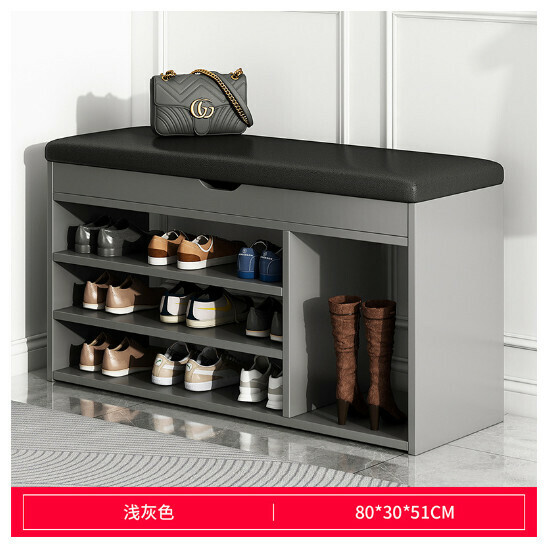 New sit-on shoe rack stool with integrated storage and soft bag shoe stool [HXD001353 Style 7 80/30/51 light gray + black leather cushion]
