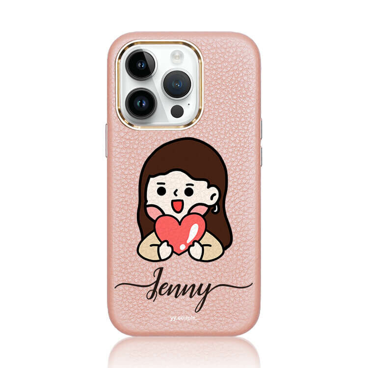 【插畫聯名】挖系小y 蜜荔粉皮革殼 - (MagSafe) (訂製名字) iPhone客製化手機殼