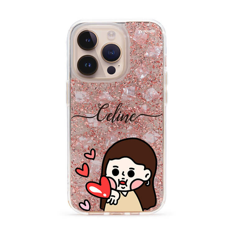 【插畫聯名】挖系小y 戀愛少女 玫瑰金貝拉殼 - (訂製名字) iPhone客製化手機殼