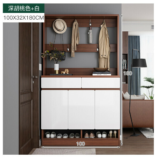 New integrated entrance hall cabinet with clothes rack and shoe cabinet [Dark Walnut + White 100×32×180CM]