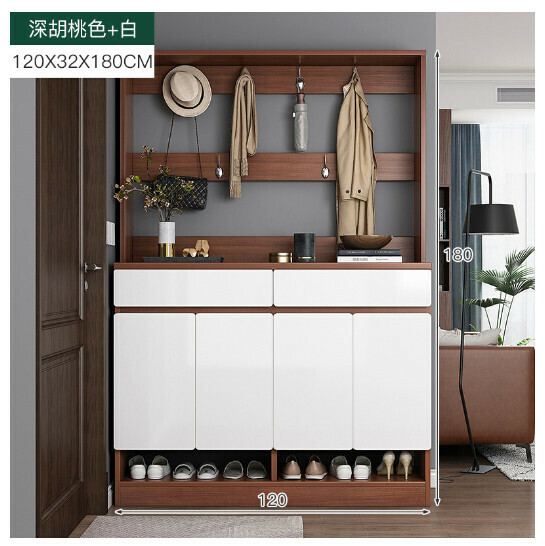 New integrated entrance hall cabinet with clothes rack and shoe cabinet [Dark Walnut + White 120×32×180CM]
