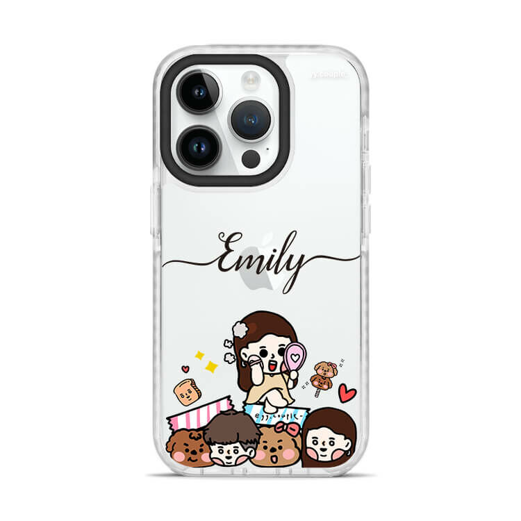 【插畫聯名】挖系小y 開心少女 - (訂製名字) 防摔撞白殼  iPhone客製化手機殼