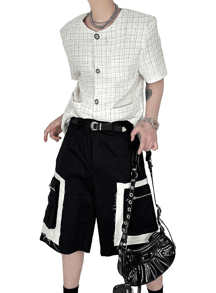 無領粗花呢短袖夾克