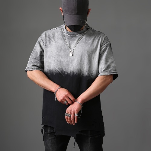 半水洗破洞下襬項鍊短袖T恤