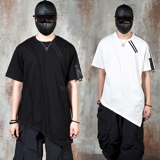 雙排扣線條剪裁不對稱斜線短袖T恤