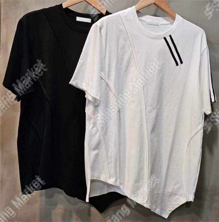 雙排扣線條剪裁不對稱斜線短袖T恤